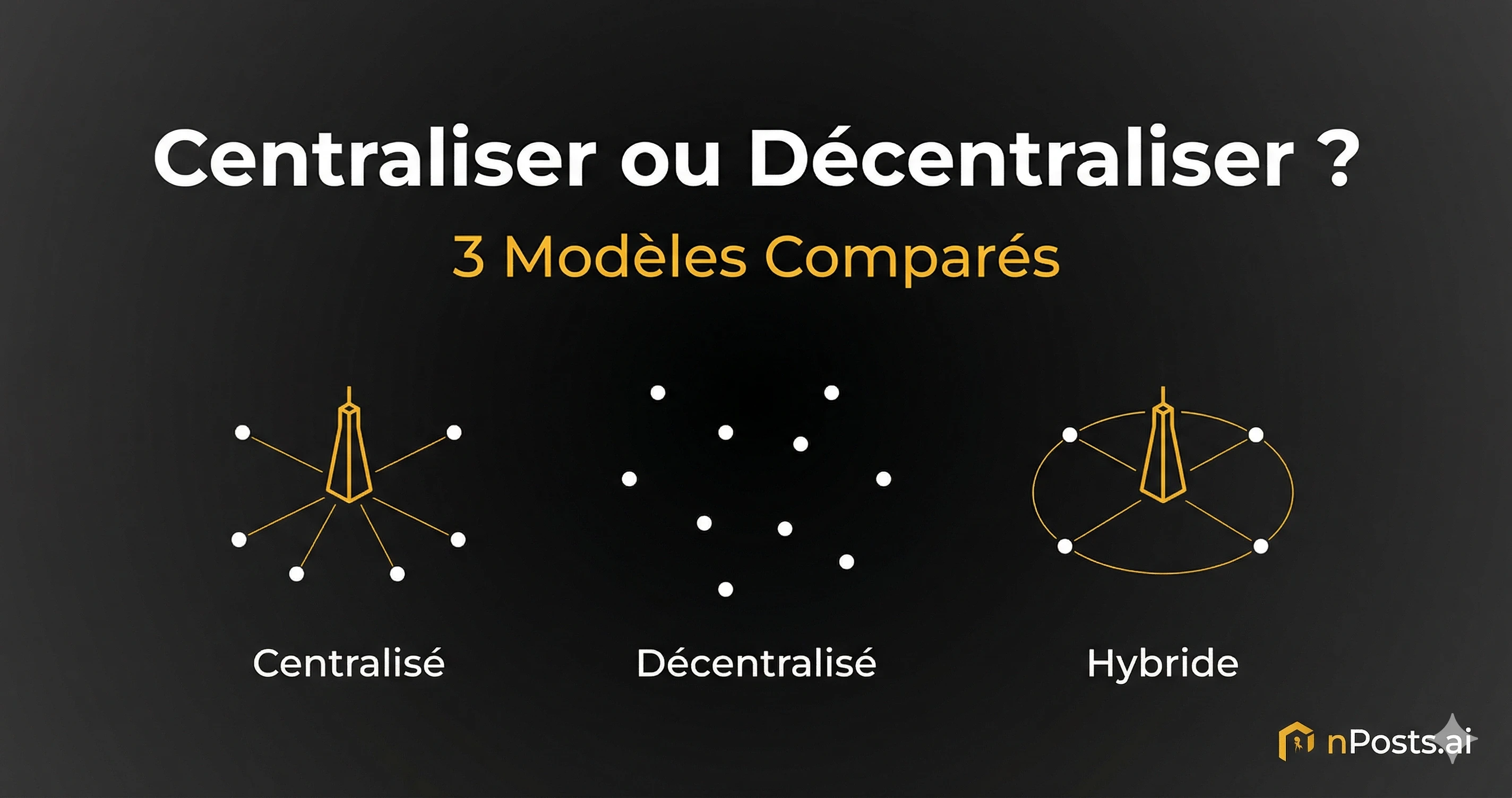 Trois modèles de gestion des réseaux sociaux en franchise : centralisé, décentralisé et hybride illustrés par des schémas d'organisation.