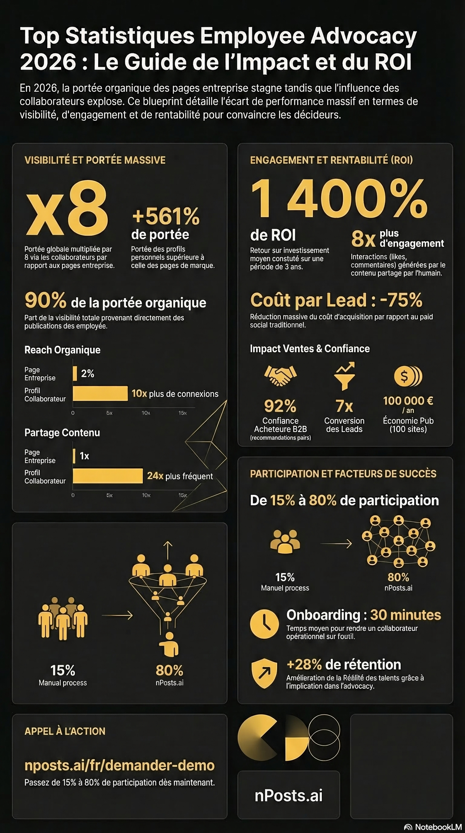 Infographie 25 statistiques employee advocacy 2026 : portee x8, engagement +57%, ROI x3, taux adoption, cout par lead