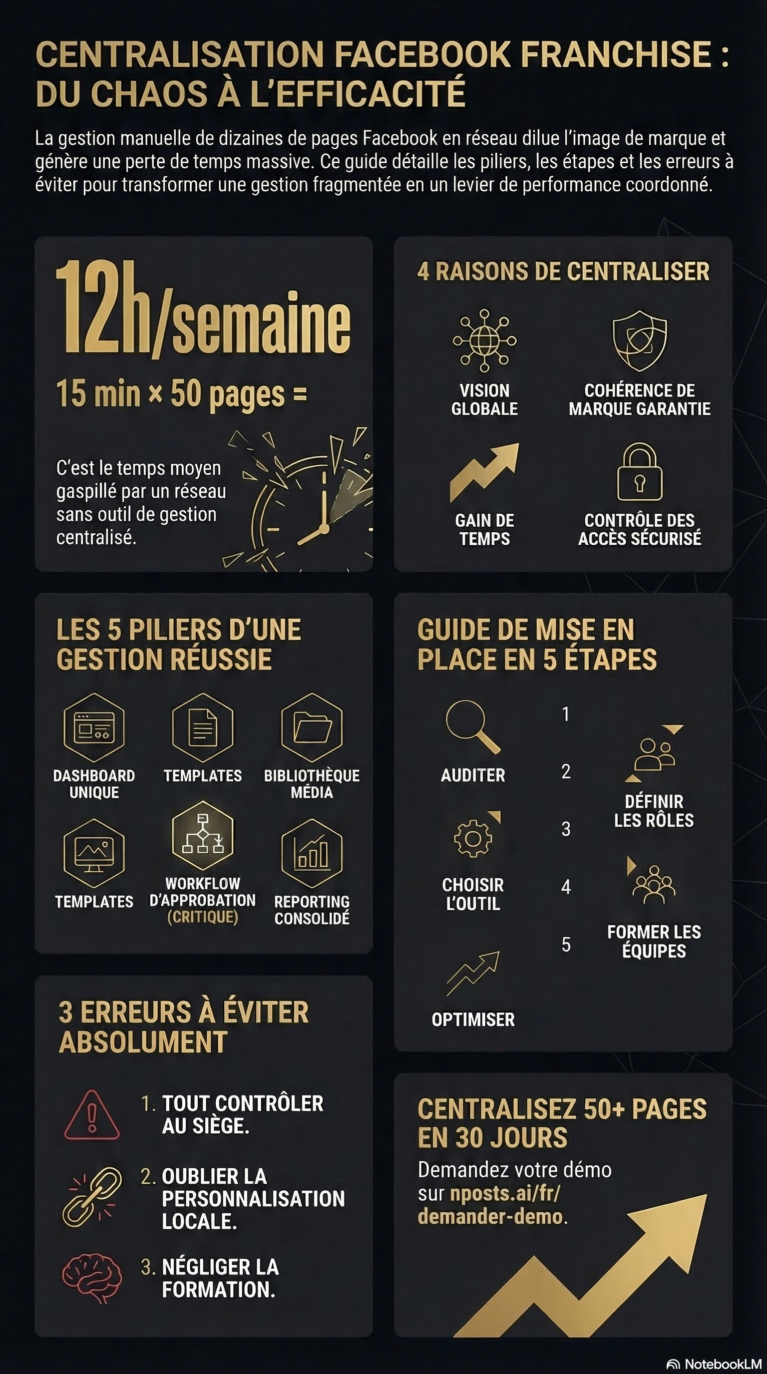 Infographie centraliser pages Facebook reseau franchise : 5 piliers gestion centralisee, workflow publication, roles et permissions, KPIs par etablissement