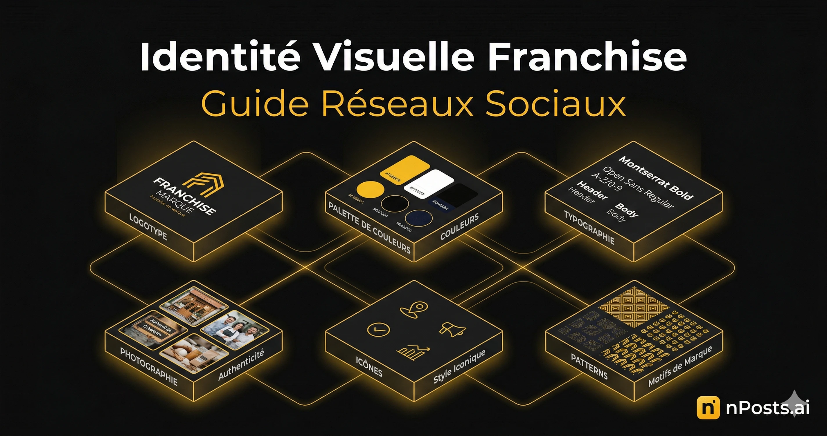 Mur avec logos et visuels d'une franchise cohérents sur tous les réseaux sociaux : Facebook, Instagram, TikTok, Google Business Profile