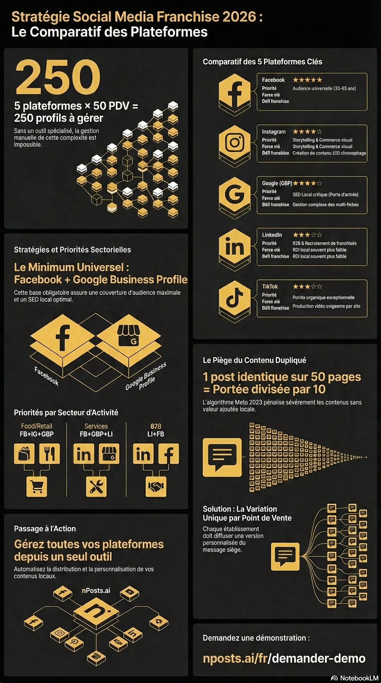 Infographie plateformes social media franchise 2026 : comparatif Facebook, Instagram, Google Business, LinkedIn, TikTok pour reseaux multi-sites