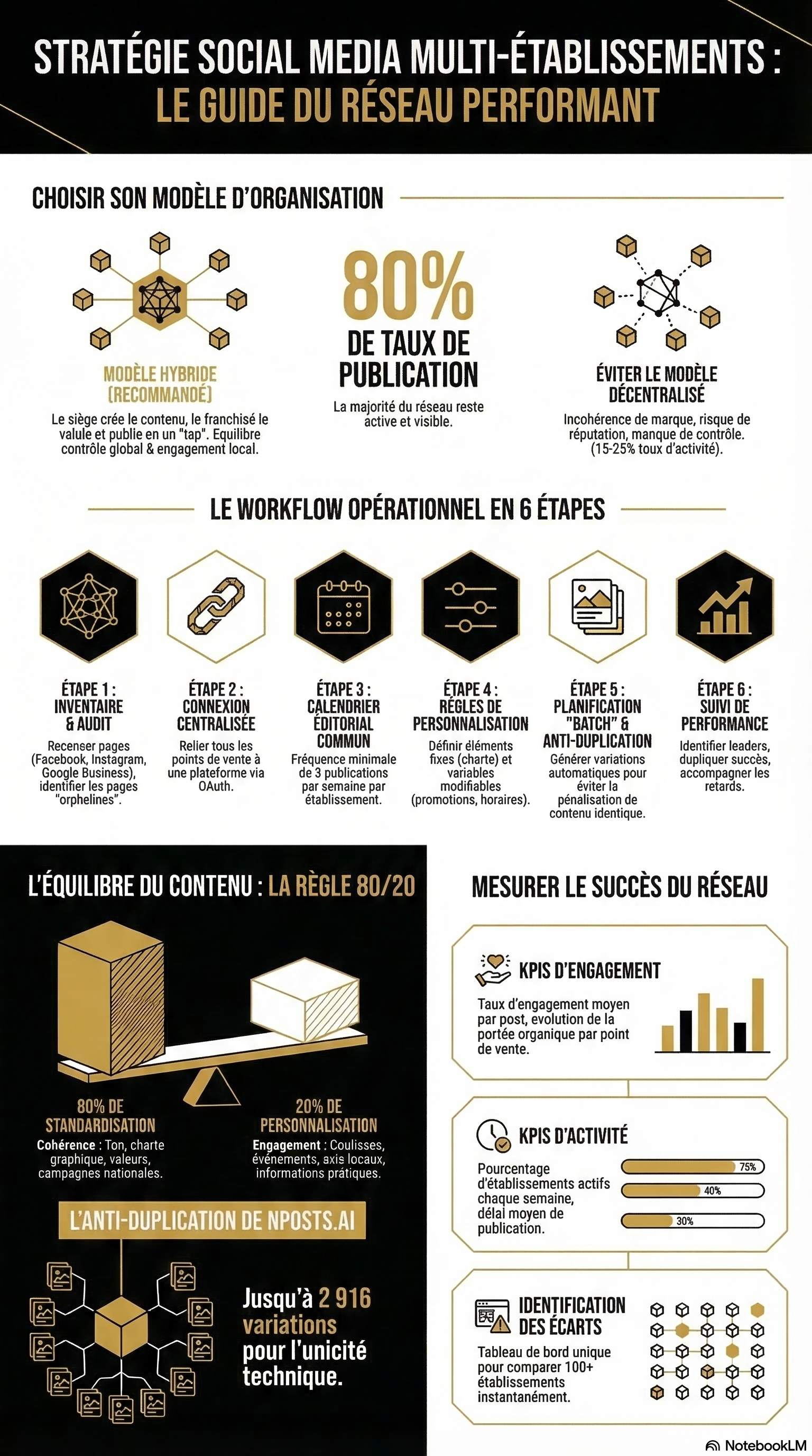 Infographie stratégie social media multi-établissements : modèle hybride 80% de taux de publication, workflow opérationnel en 6 étapes, règle 80/20 contenu, anti-duplication nPosts.ai avec 2916 variations, KPIs d'engagement et d'activité réseau