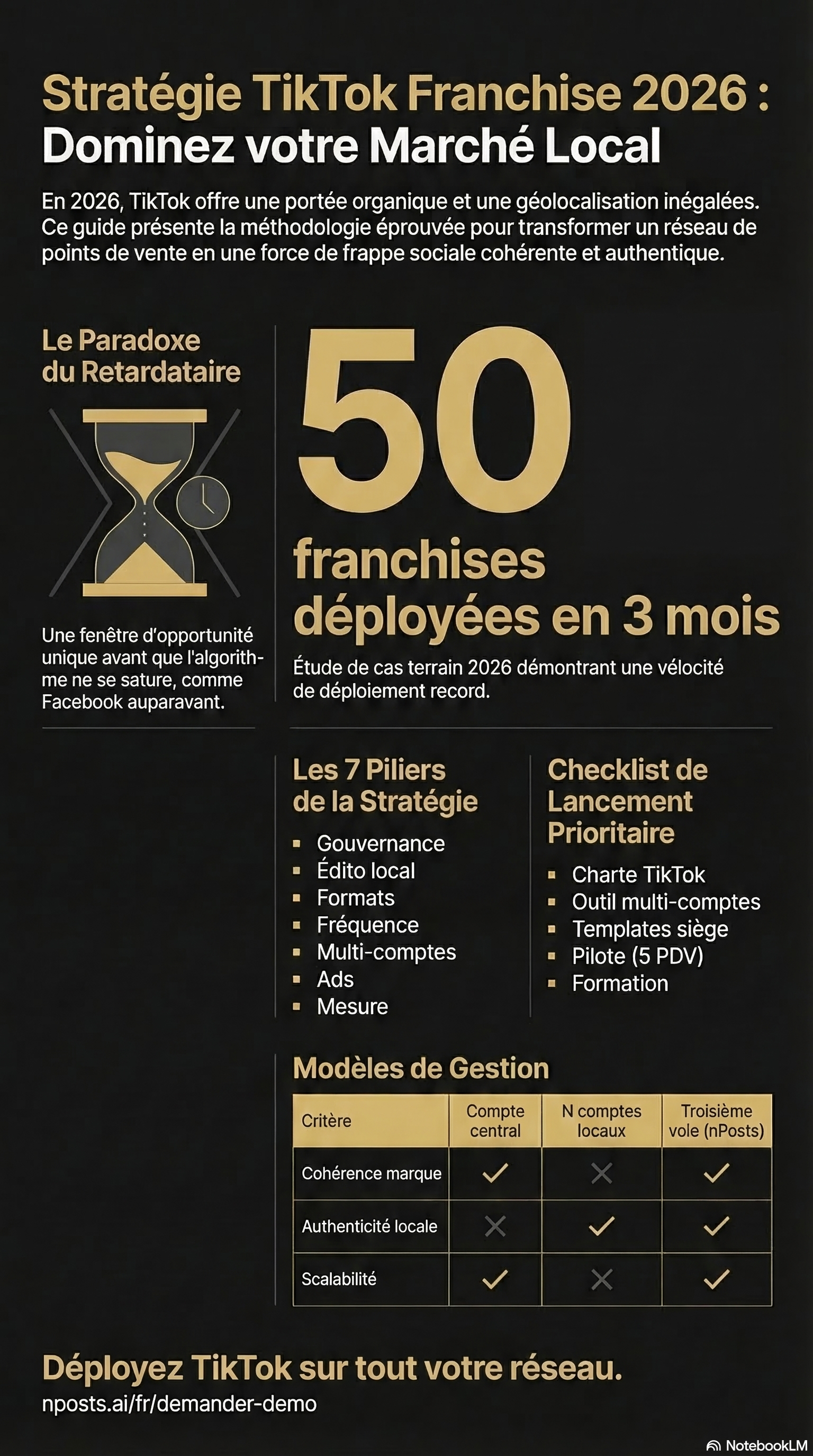 Infographie strategie TikTok franchise 2026 : 7 piliers, gouvernance multi-comptes, formats video, frequence publication, publicite locale, KPIs