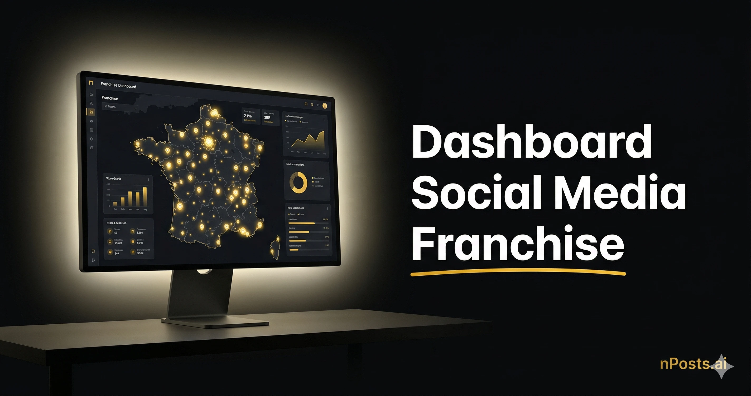 Aperçu d'un tableau de bord social media franchise avec 5 vues d'indicateurs clés