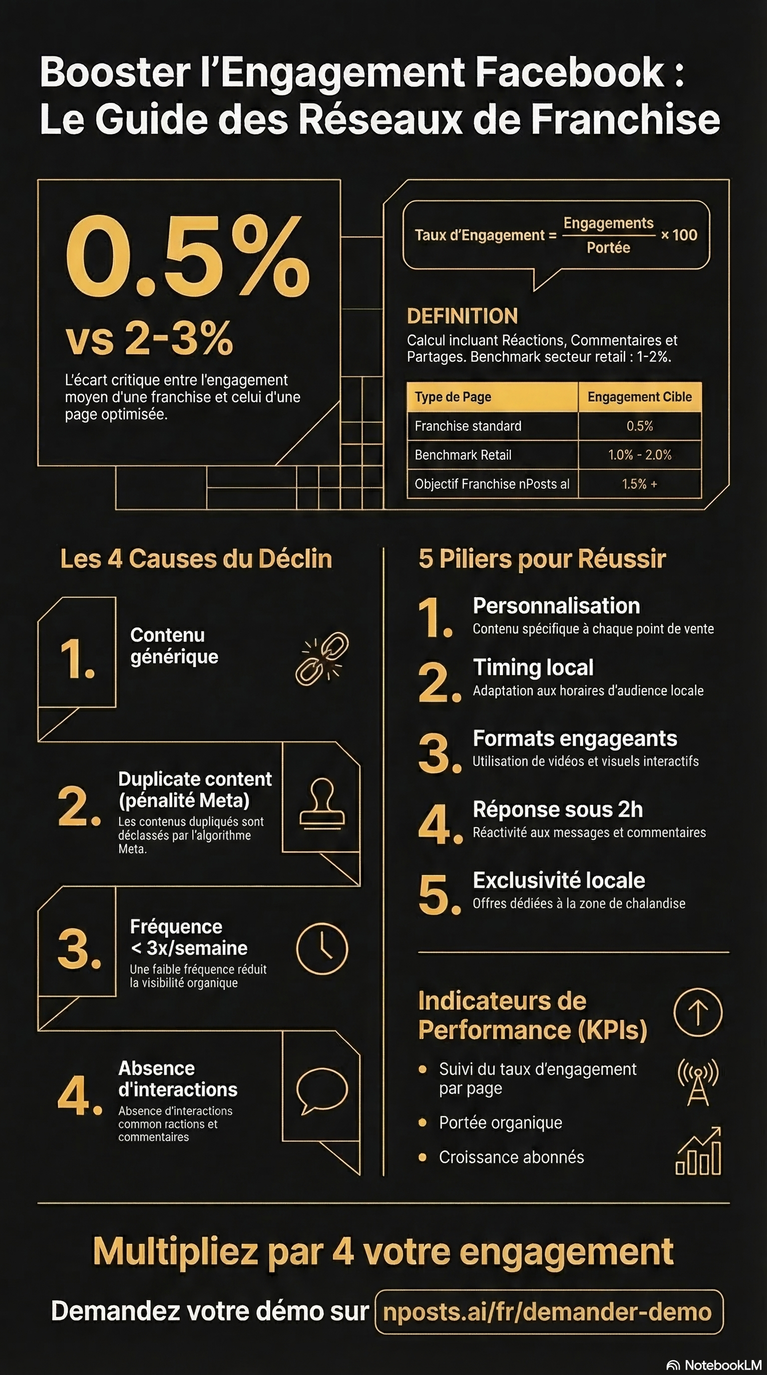 Infographie taux engagement Facebook franchise : benchmarks par secteur, 5 strategies boost engagement, formule calcul, impact anti-duplication
