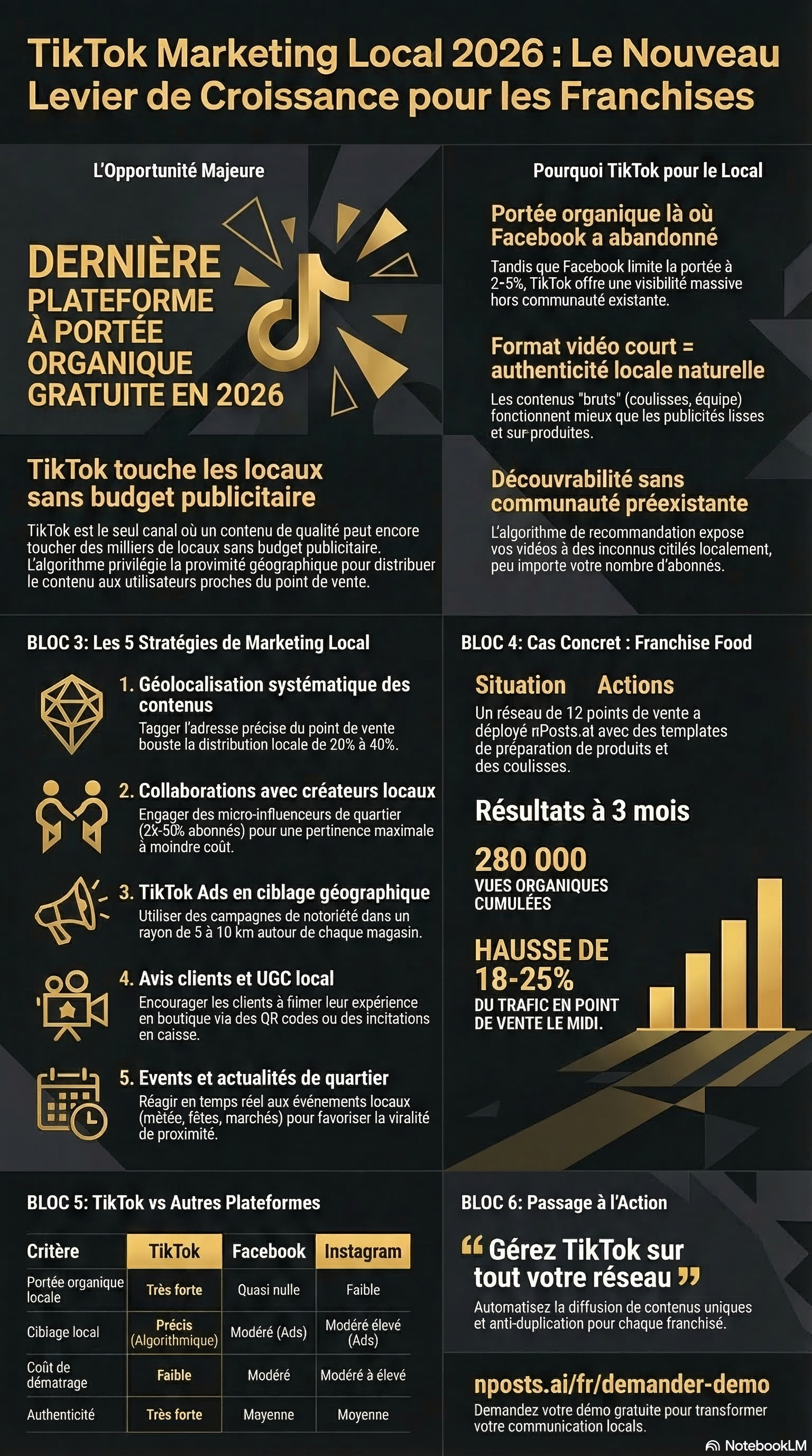 Infographie TikTok marketing local franchise : algorithme geolocalisation, 5 strategies contenu local, comparatif plateformes, metriques cles